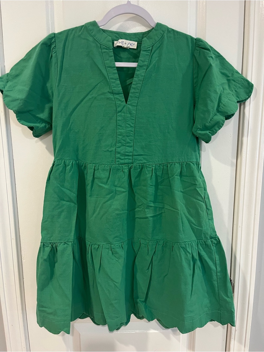 She + Sky Green Tiered Dress with scalloped sleeves and hem